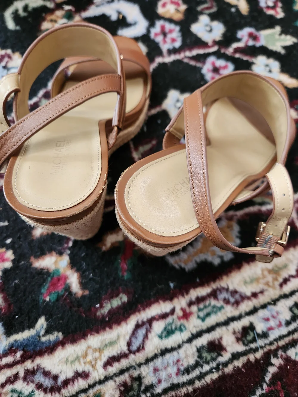 MICHAEL Michael Kors Brown Wedge Sandals with Gold Hardware